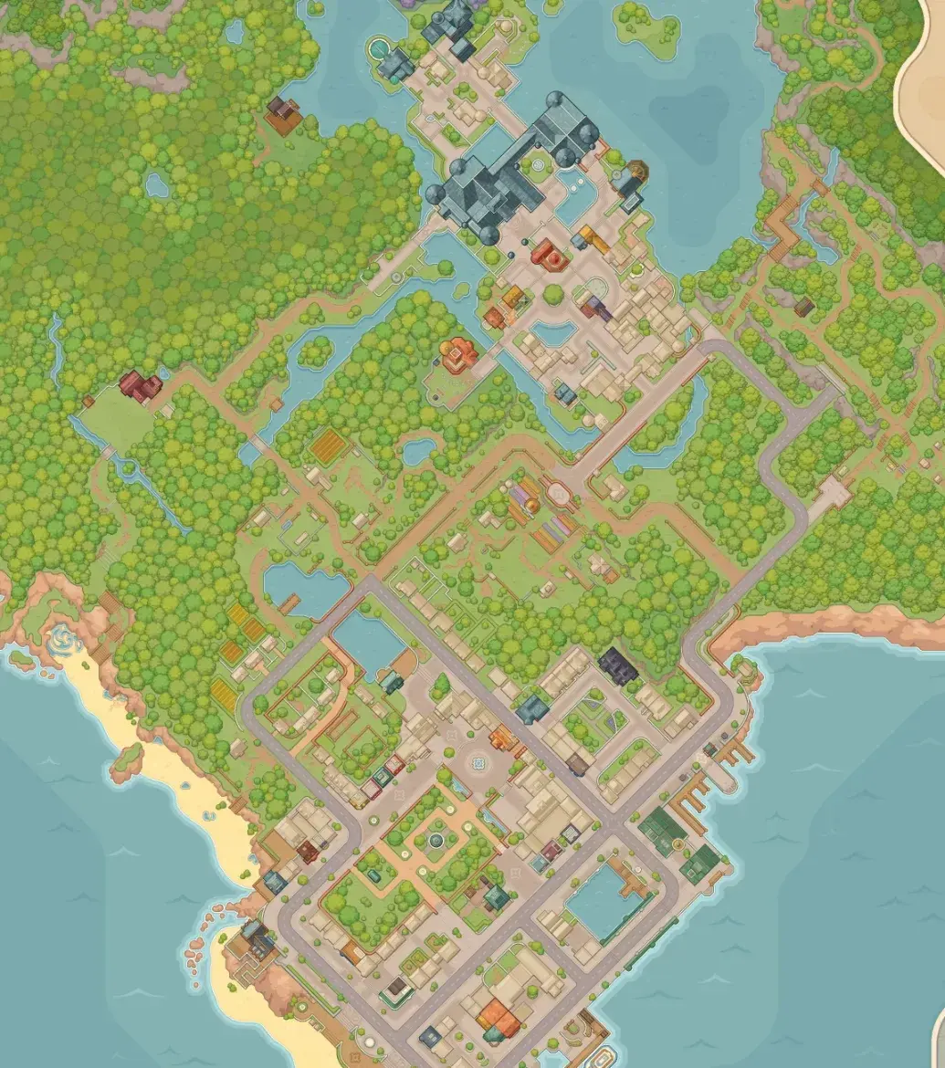 Illustrated map of Mossport showing the college, town streets, woodland, and coastline