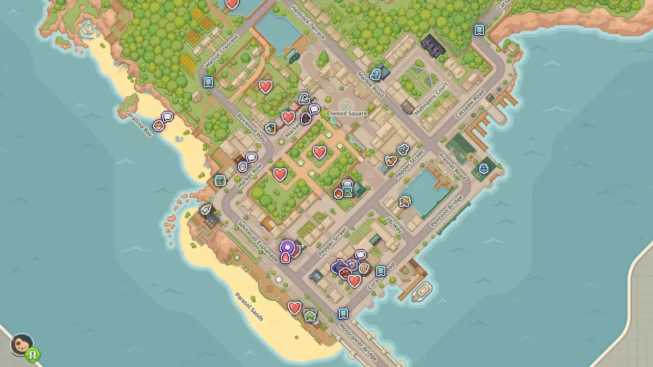 A map of Mossport marked with hearts for date locations