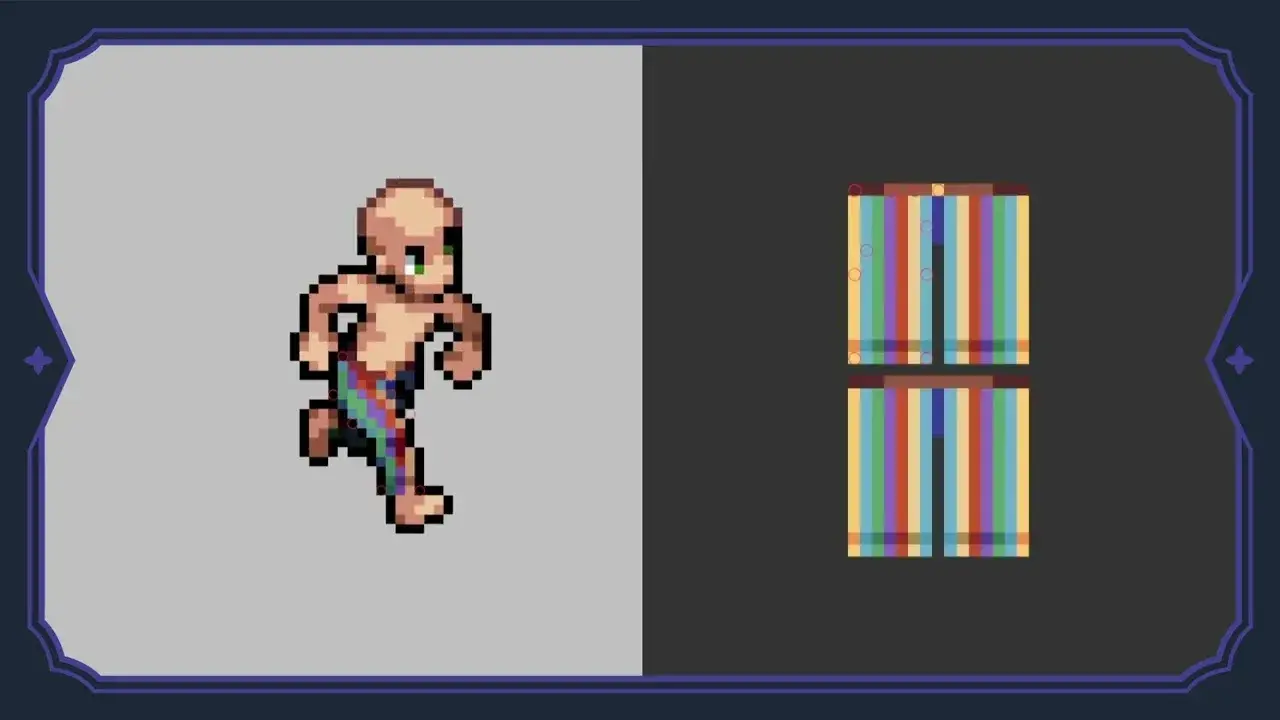 A striped trouser texture mapped onto an animated pixel character