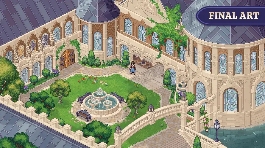 Finished pixel art of Witchbrook College’s courtyard
