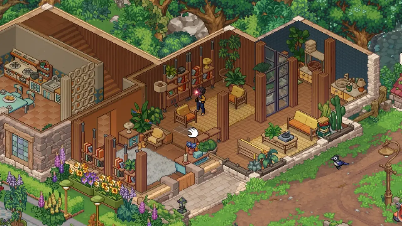 Furniture arranged in a wood-panelled cottage during decorating