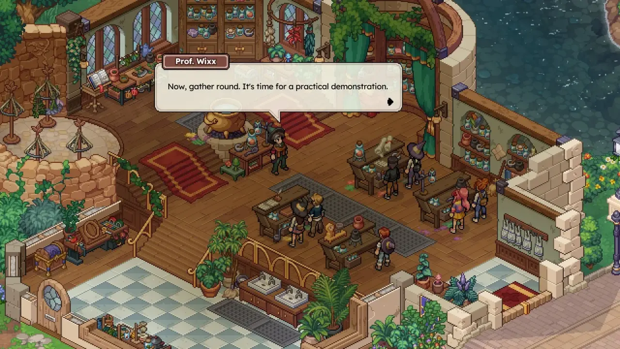 A professor demonstrates a lesson beside the brass cauldron in the Alchemy Laboratory